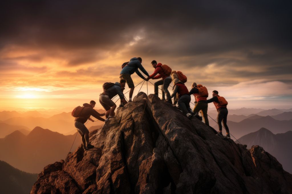 Team helping each other reach the summit